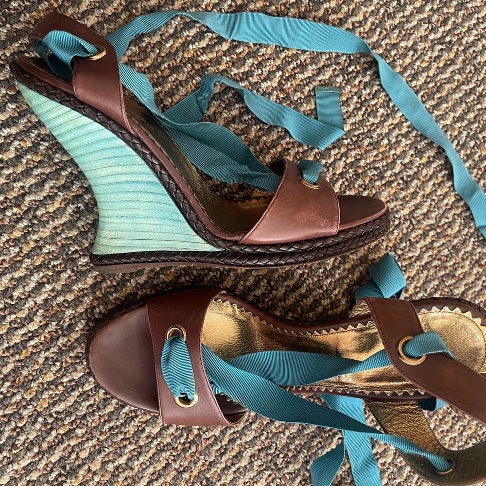 Brown and Teal Wedge Sandals BCBGMAXAZRIA